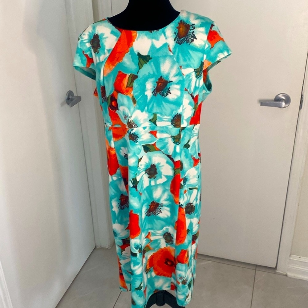 RONNI NICOLE Floral Bold Aqua & Orange Cap Sleeve Dress Size 16